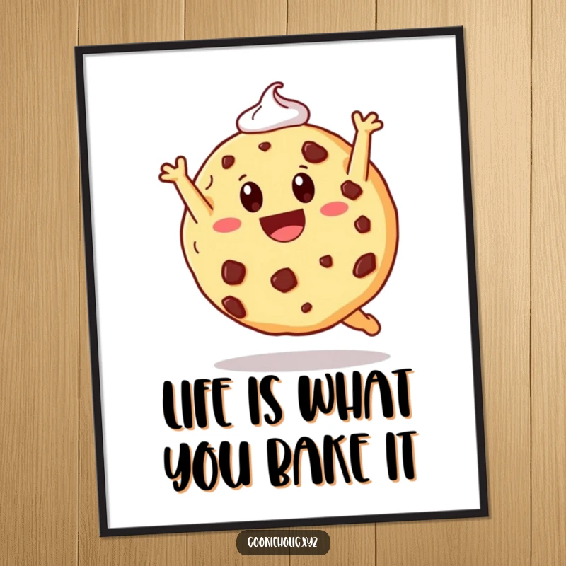 Funny free printable wall art of a happy cookie mid-somersault, with a trail of frosting and chocolate chips.