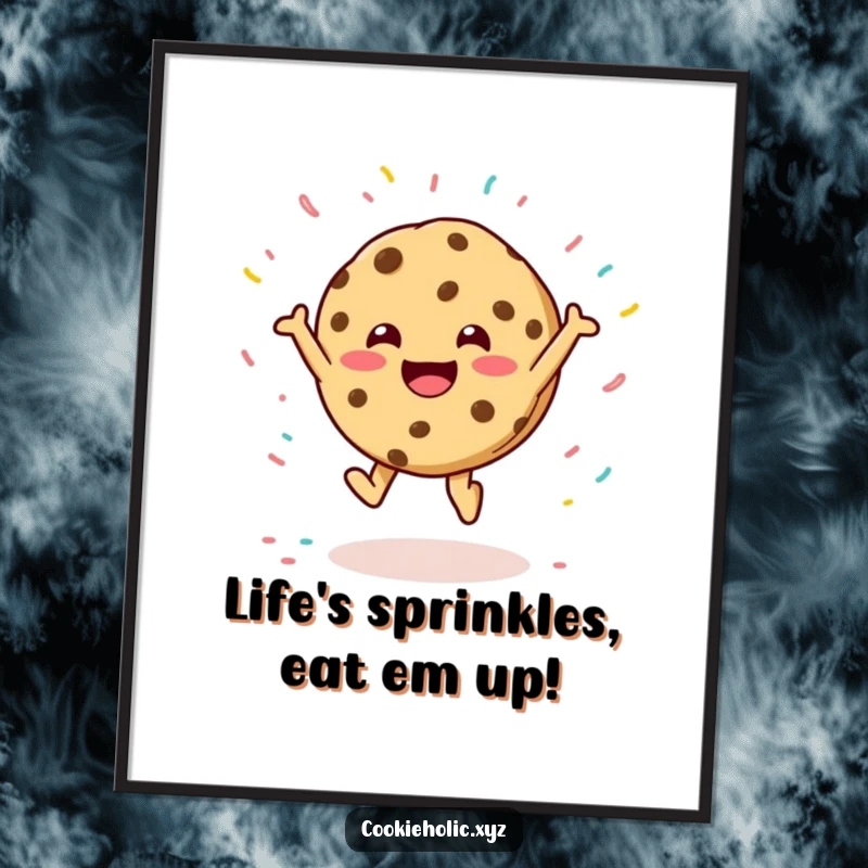 Funny Free Printable Wall Art: A cookie character in mid-air, leaping with pure joy, surrounded by a cascade of colorful sprinkles.