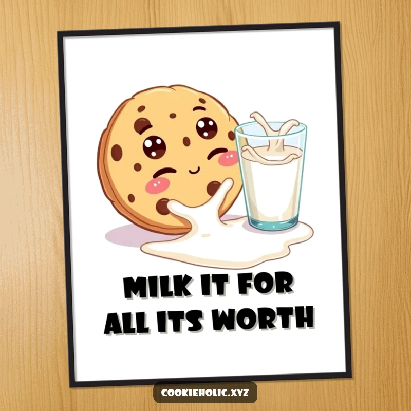 Funny free printable wall art showing a cookie with googly eyes winking playfully beside a spilled glass of milk.