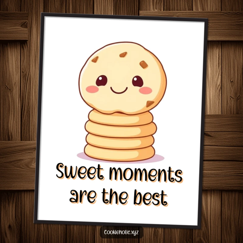 Funny free printable wall art of a happy sugar cookie grinning widely while balancing a precarious stack of cookies.