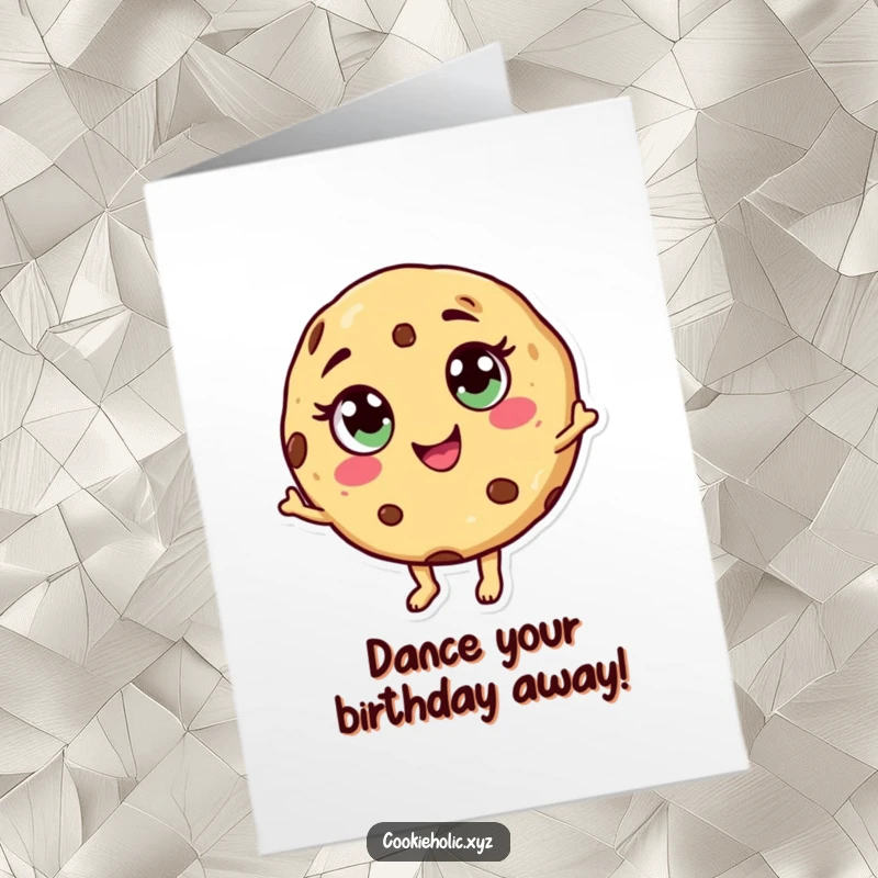 Funny Free Printable Birthday Card: A Cookie with Candy Eyes and Swirl Mouth Dancing Merrily, Spreading Birthday Cheer.