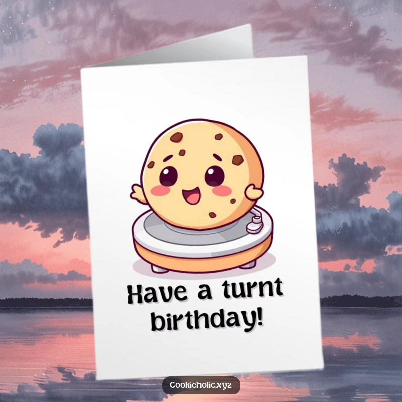 Funny free printable birthday card featuring a delighted cookie character spinning on a turntable like a DJ, ready to celebrate.