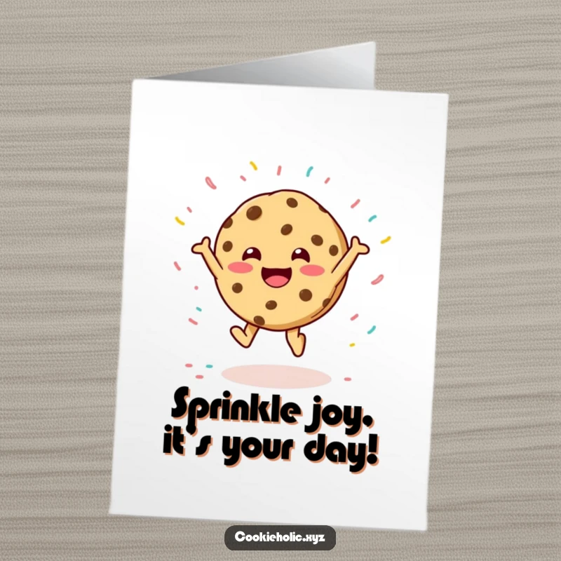 Funny Free Printable Birthday Card: A hyperactive cookie character leaps with glee amidst a colorful sprinkle explosion, ready to party.