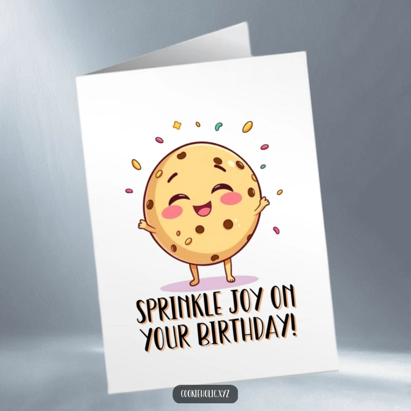 Funny Free Printable Birthday Card showing a round, giggling cookie character joyfully juggling tiny sprinkles in the air.