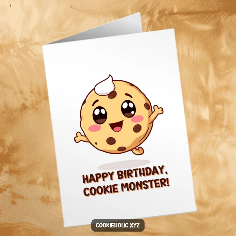 Funny Free Printable Birthday Card showing a whimsical cookie character with icing eyes and a happy mouth, joyfully leaping.