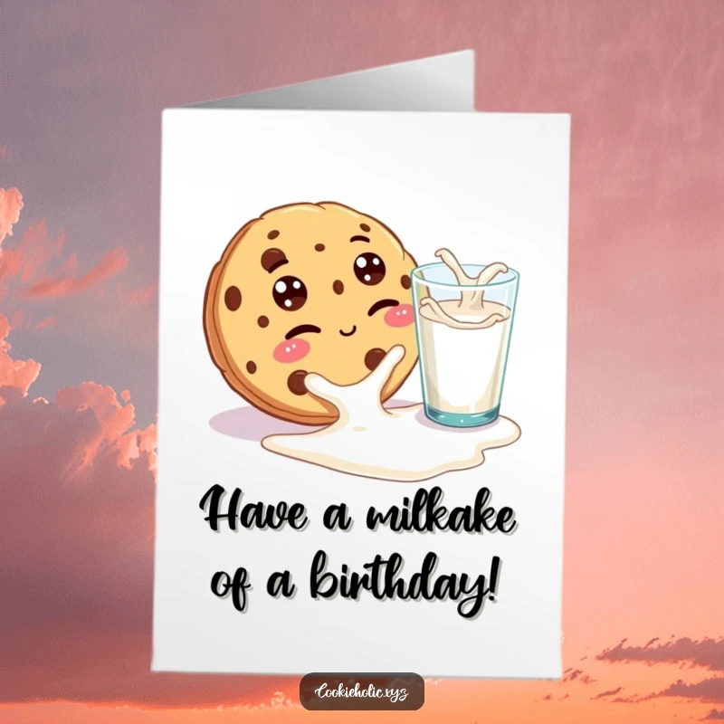 Funny free printable birthday card showing a cookie with googly eyes winking at a spilled glass of milk.