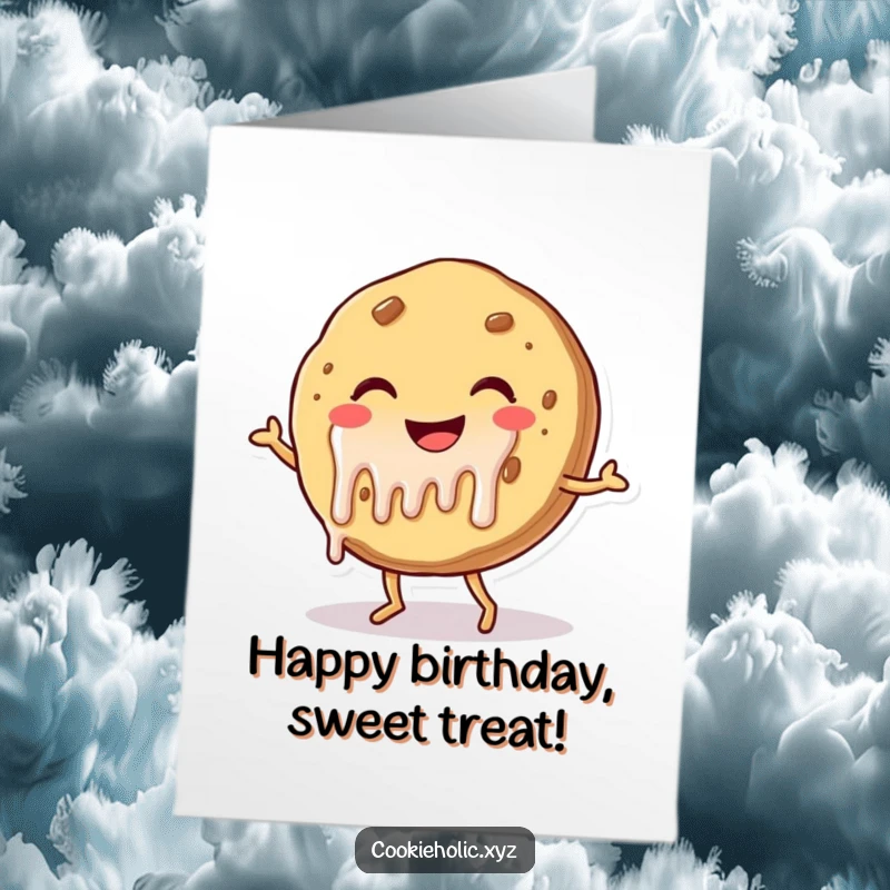 Funny free printable birthday card featuring a smiling cookie with frosting dripping, doing a happy dance.