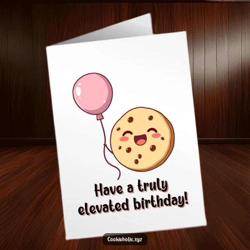 Funny Free Printable Birthday Card: A cookie character joyfully floats skyward, tethered to a whimsical frosting balloon, celebrating a birthday.