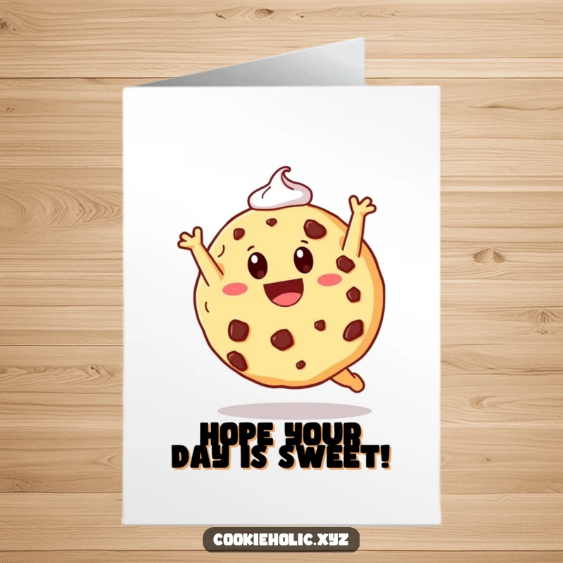 Funny free printable birthday card: a cheerful cookie with chocolate chip eyes doing a joyful somersault.