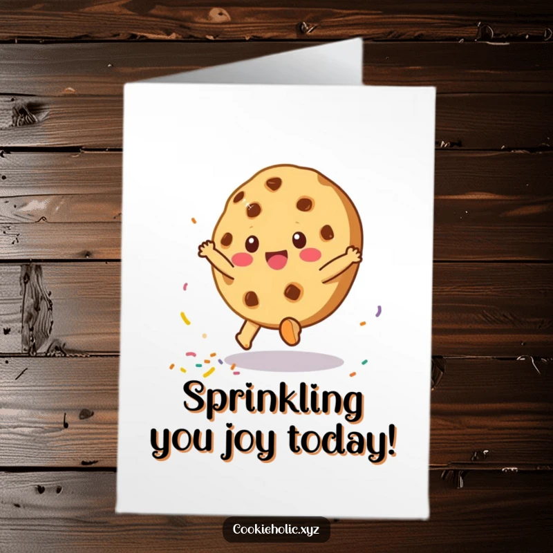 Funny free printable birthday card featuring a happy cookie character doing a cartwheel and scattering colorful sprinkles with excitement.