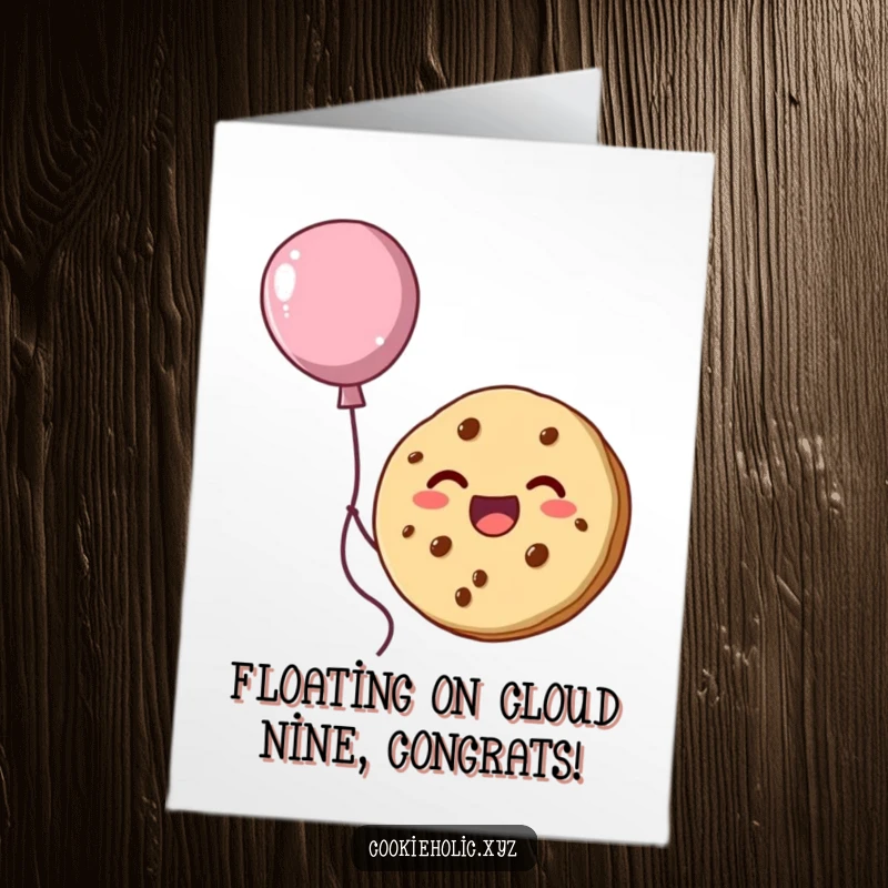 Funny Free Printable Congratulations Card: A happy cookie ascends on a sweet frosting balloon, symbolizing success and upward mobility.