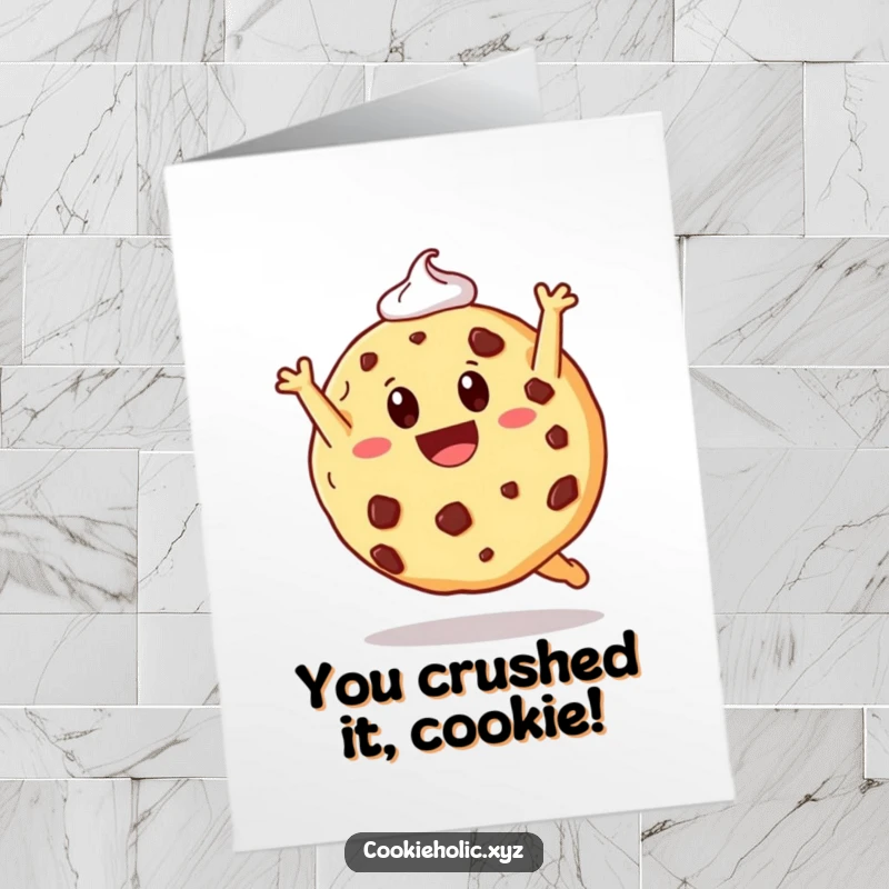 Funny free printable congratulations card: a happy cookie flipping end over end with frosting flying.
