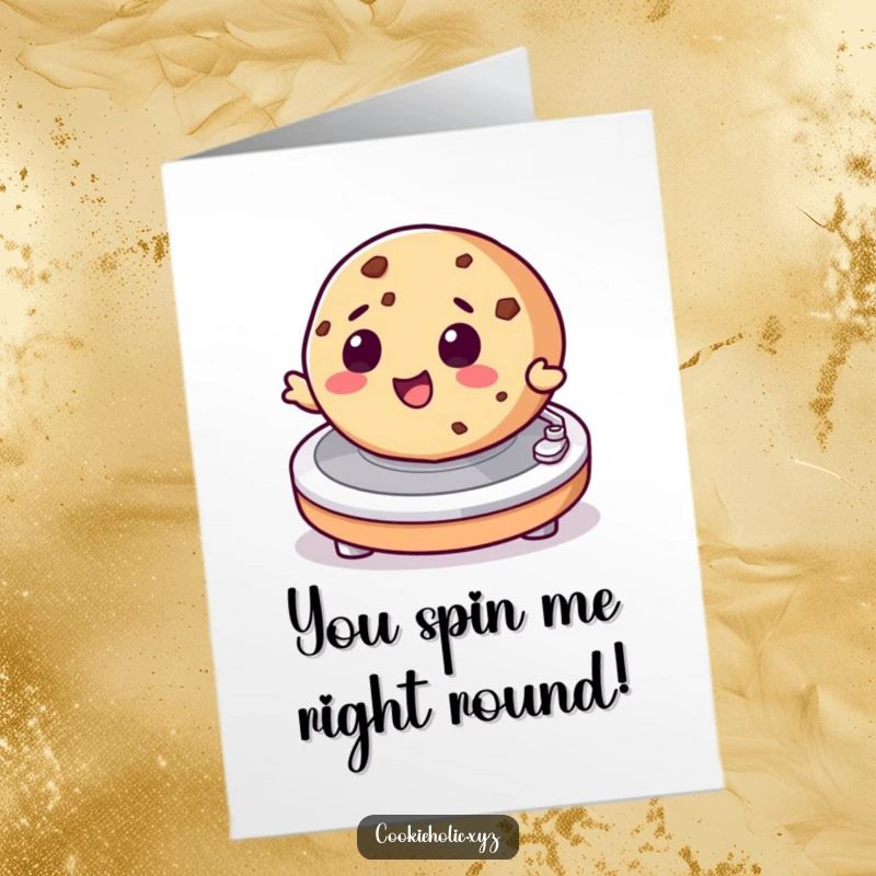 Funny free printable congratulations card showing a cookie joyfully spinning on a turntable, celebrating a big win.