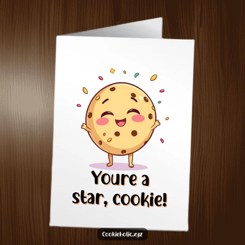 Funny Free Printable Congratulations Card featuring a giggling cookie character expertly juggling colorful tiny sprinkles with glee.