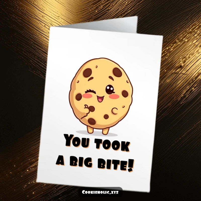 Funny Free Printable Congratulations Card: A Cookie with a Bite Missing, Winking Playfully to Celebrate Success.