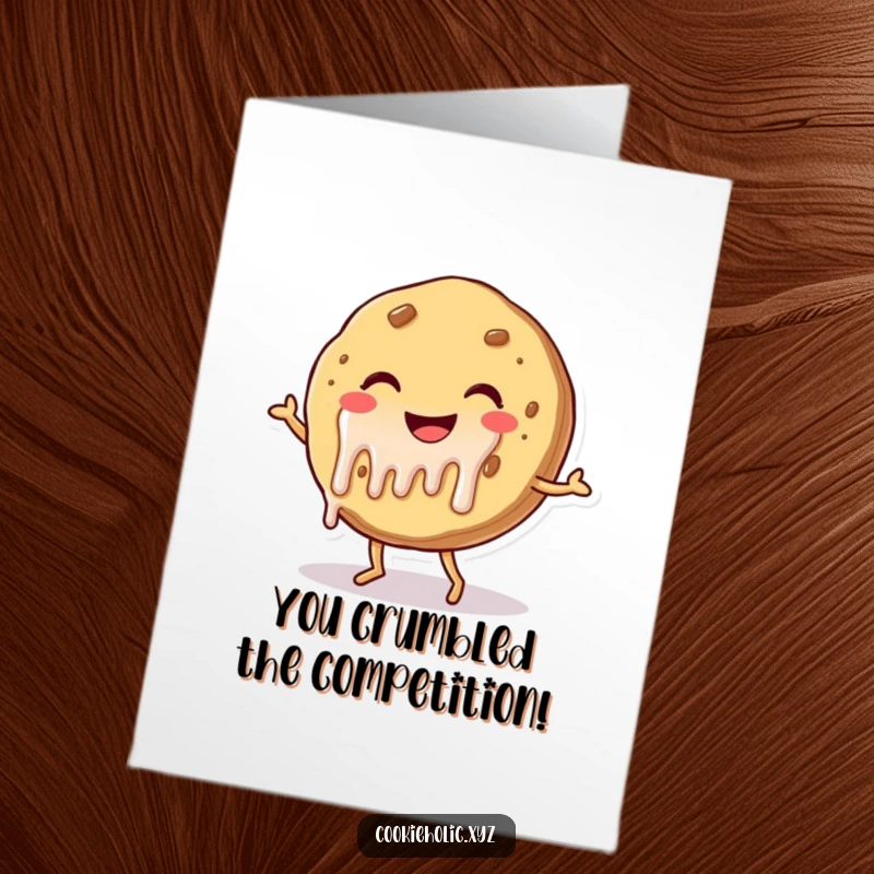 Funny free printable congratulations card showing a happy cookie with frosting drips, dancing to celebrate.