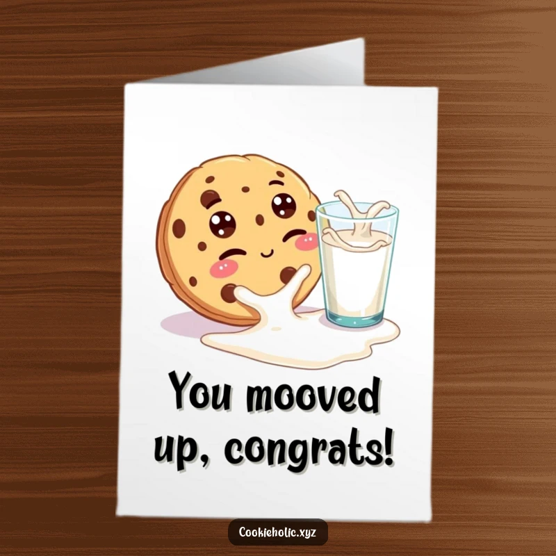 Funny free printable congratulations card featuring a googly-eyed cookie playfully winking at spilled milk.