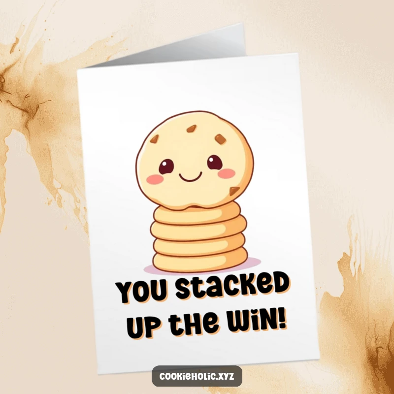 Funny free printable congratulations card: a happy cookie artfully balancing a tower of three cookies.