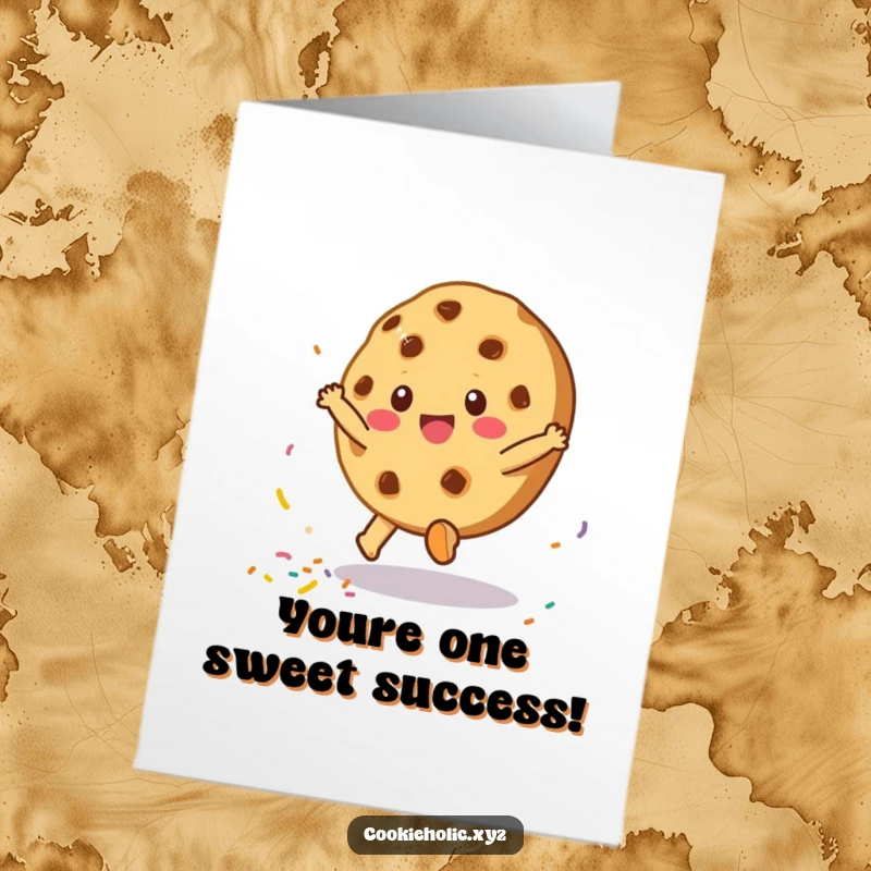 Funny free printable congratulations card showing a cookie doing a cartwheel, scattering sprinkles to celebrate your amazing achievement.