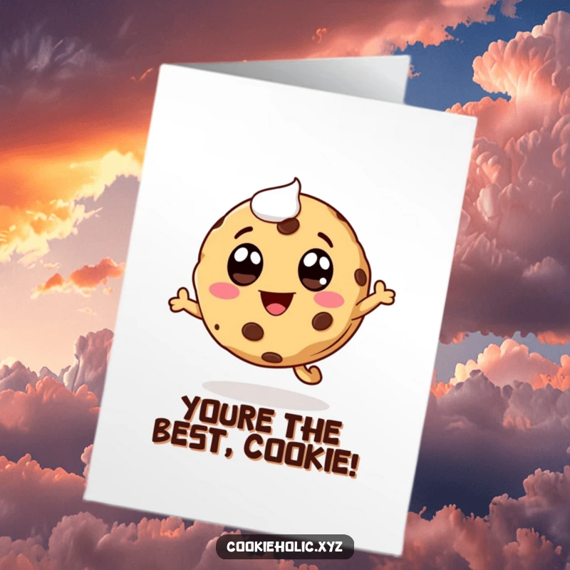 Funny Free Printable Congratulations Card featuring a whimsical cookie character mid-leap, celebrating success with a wide smile.