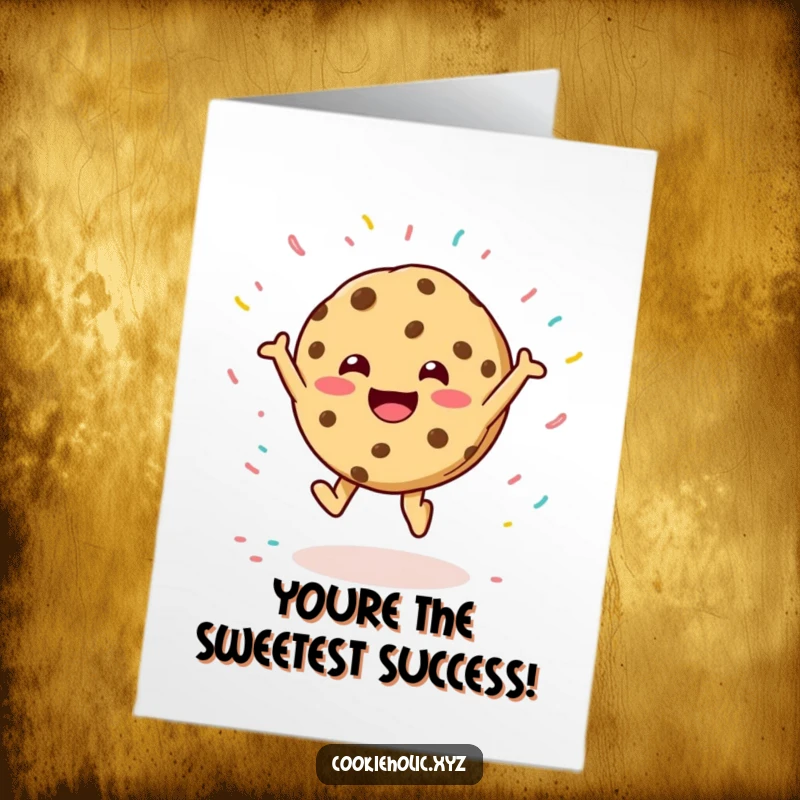 Funny Free Printable Congratulations Card: A jubilant cookie character bounces happily, showered in festive sprinkles, celebrating a grand occasion.