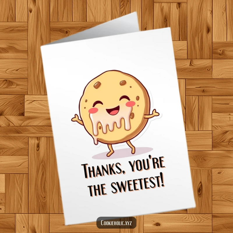 Funny free printable thank you card of a cookie with frosting dripping, joyfully dancing.