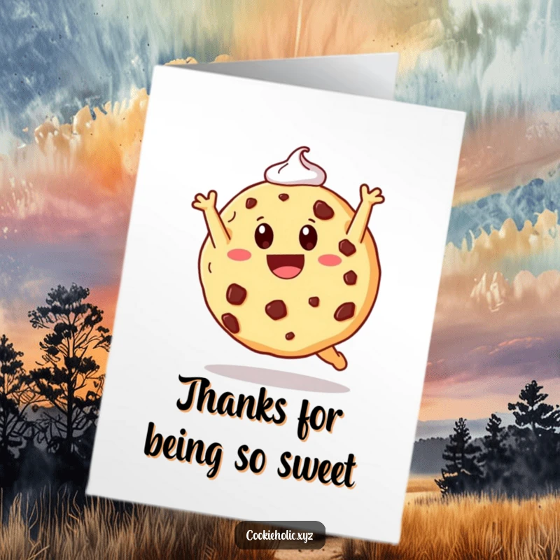 Funny free printable thank you card: a smiling cookie doing a celebratory somersault with frosting in tow.