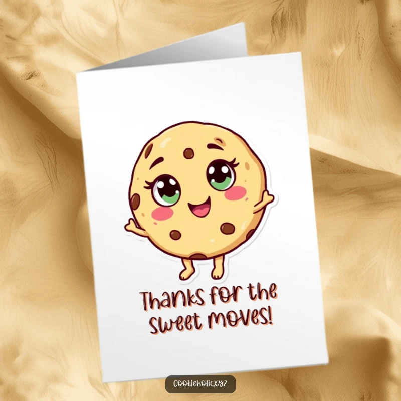 Funny Free Printable Thank You Card: A Cookie with Candy Eyes Dancing Joyfully, Expressing Sweet Gratitude.