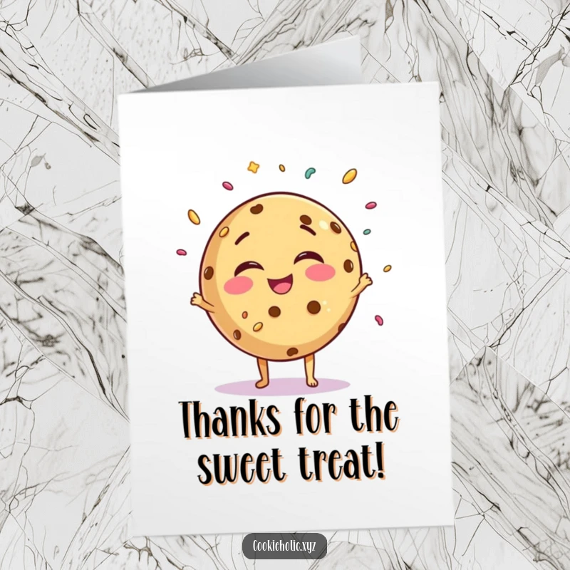 Funny Free Printable Thank You Card of a round, giggling cookie character juggling tiny sprinkles with pure joy, saying thanks.