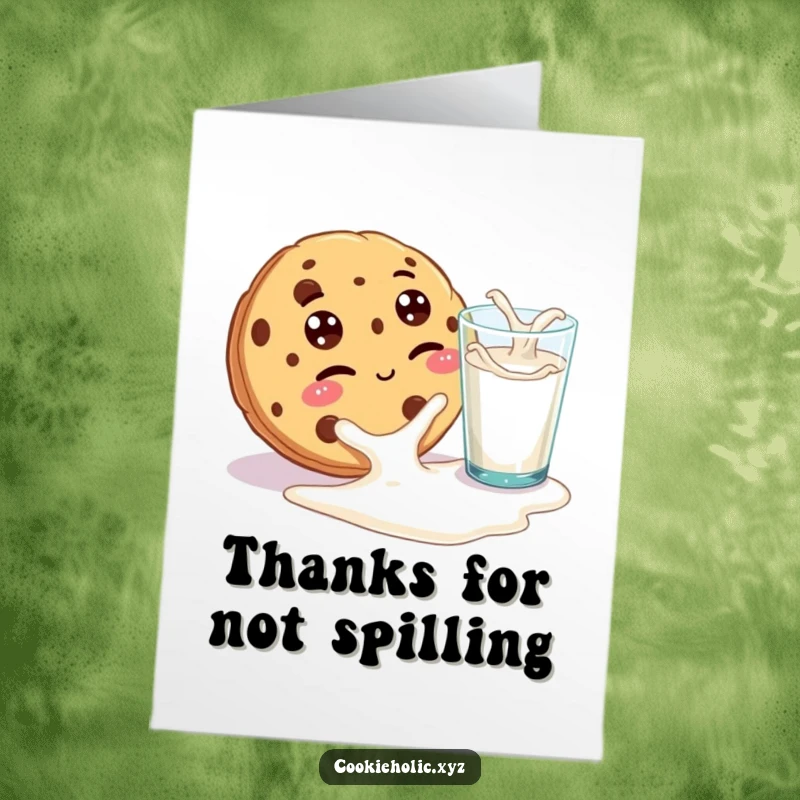 Funny free printable thank you card of a cookie with googly eyes winking mischievously at spilled milk.