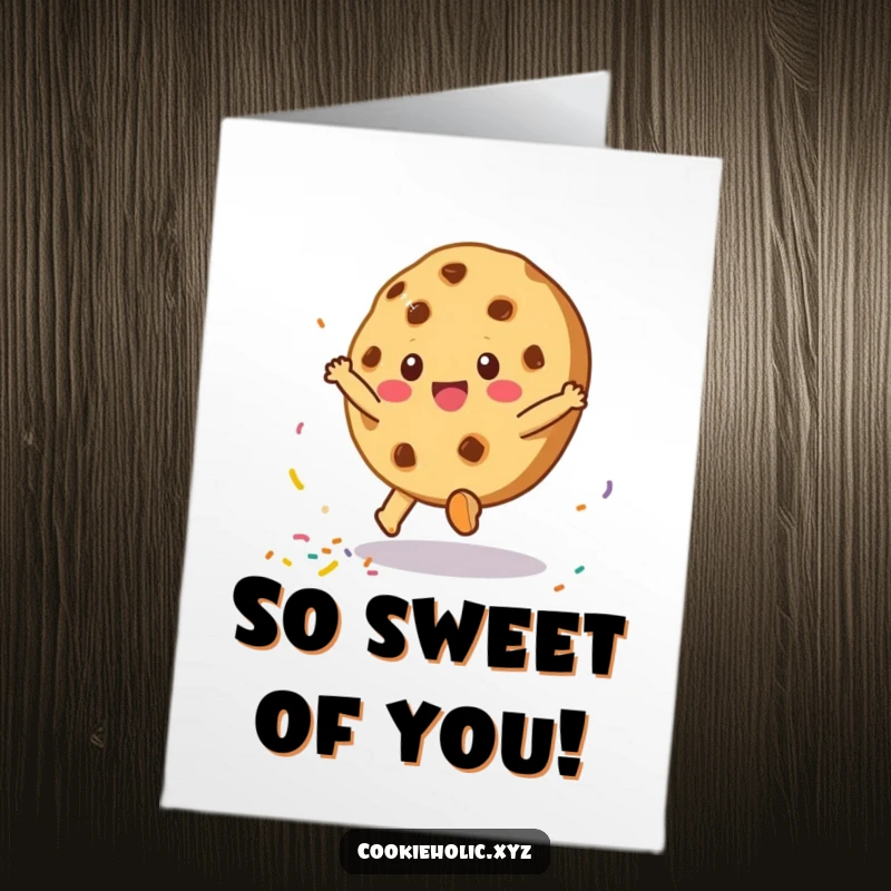 Funny free printable thank you card with a happy cookie character doing a cartwheel, scattering sprinkles to show its thanks.