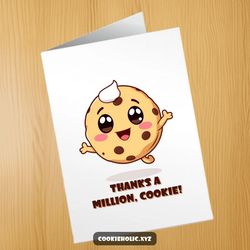 Funny Free Printable Thank You Card of a whimsical cookie character with icing eyes, leaping with a smile to express thanks.