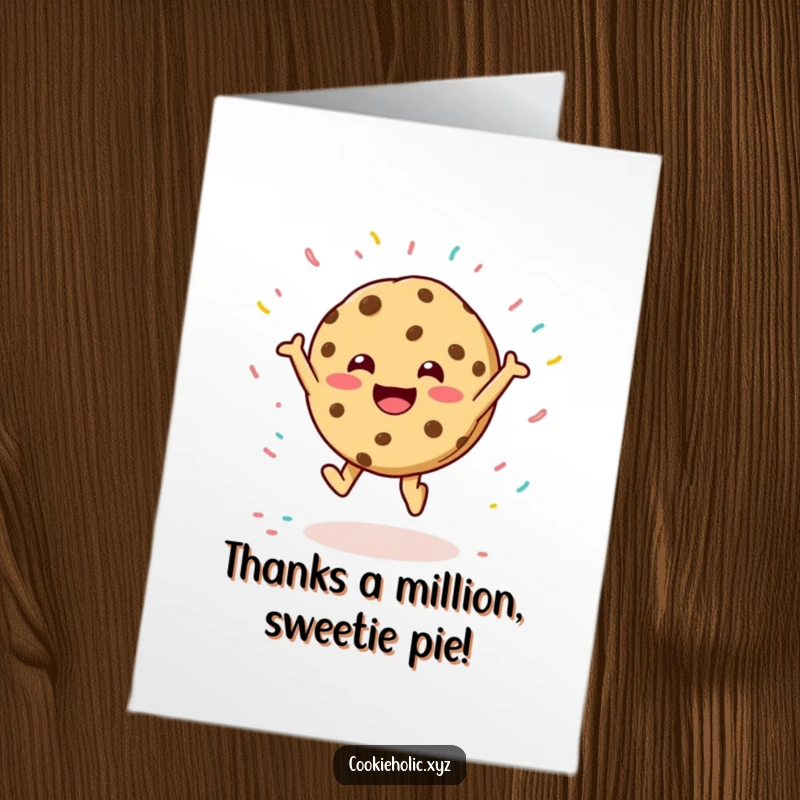 Funny Free Printable Thank You Card: A cheerful cookie character leaps joyfully, showered by edible sprinkles, expressing heartfelt thanks.
