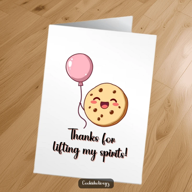 Funny Free Printable Thank You Card: A cookie character floats serenely on a frosting balloon, expressing gratitude with a sweet ascent.