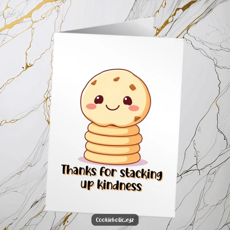 Funny free printable thank you card: a grinning sugar cookie perfectly balancing a stack of three cookies.