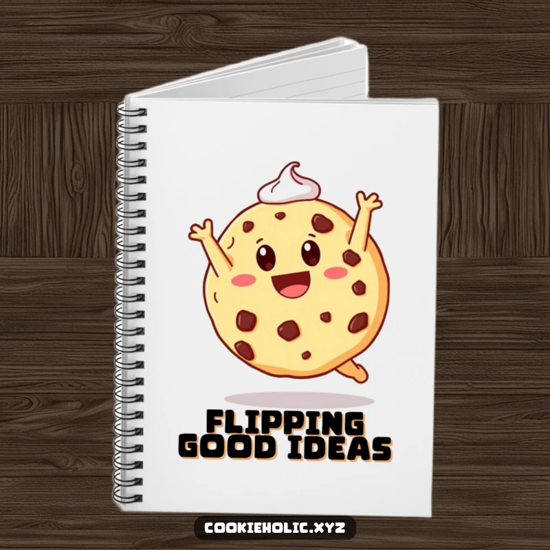 Funny notebook featuring a cookie doing a somersault, perfect for note-taking with a sweet and humorous touch.