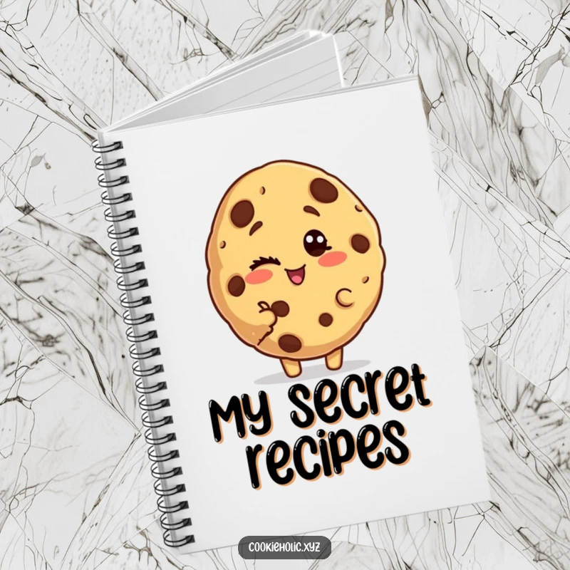 Funny bitten cookie notebook with a cover illustration of a cookie character with a bite taken out, winking playfully.