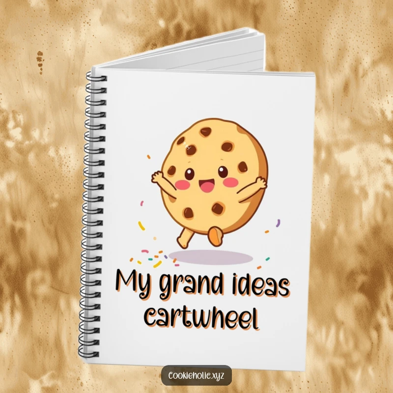 Funny notebook with a cookie character in a cartwheel pose, scattering sprinkles – a delightful and humorous writing companion.
