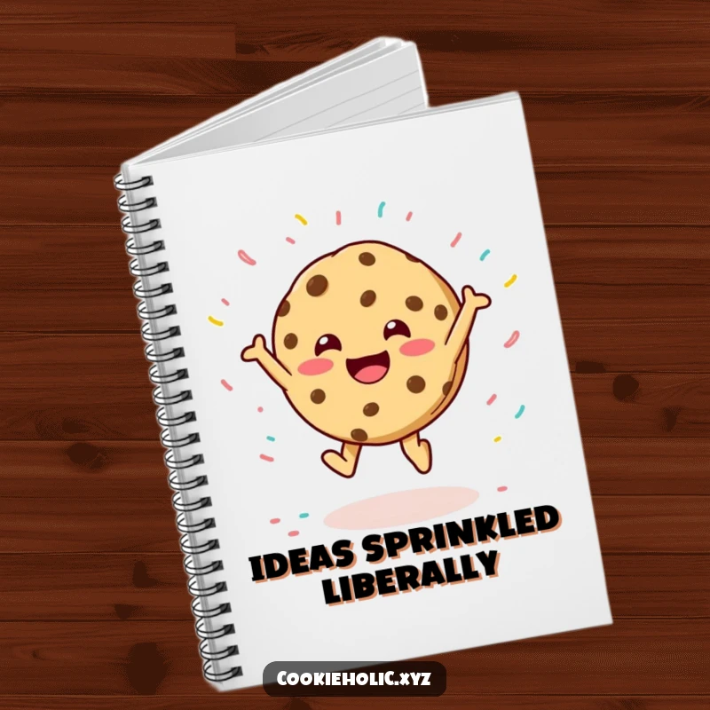 Funny notebook with a happy cookie character mid-leap, surrounded by a whimsical scattering of colorful sprinkles on the cover.