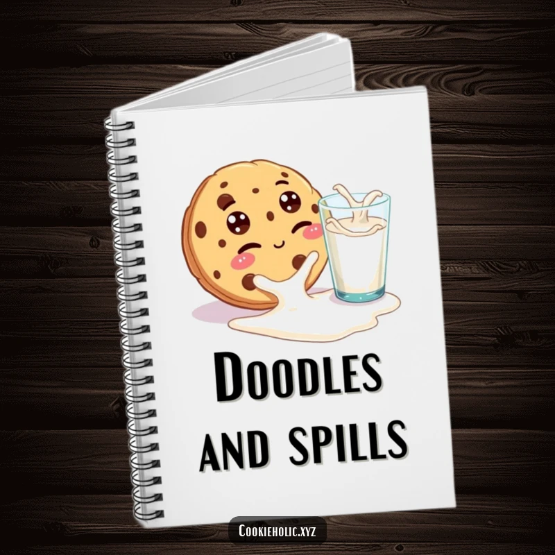 Funny notebook cover with a cookie with googly eyes winking playfully at a spilled glass of milk, perfect for jotting down mischievous ideas.