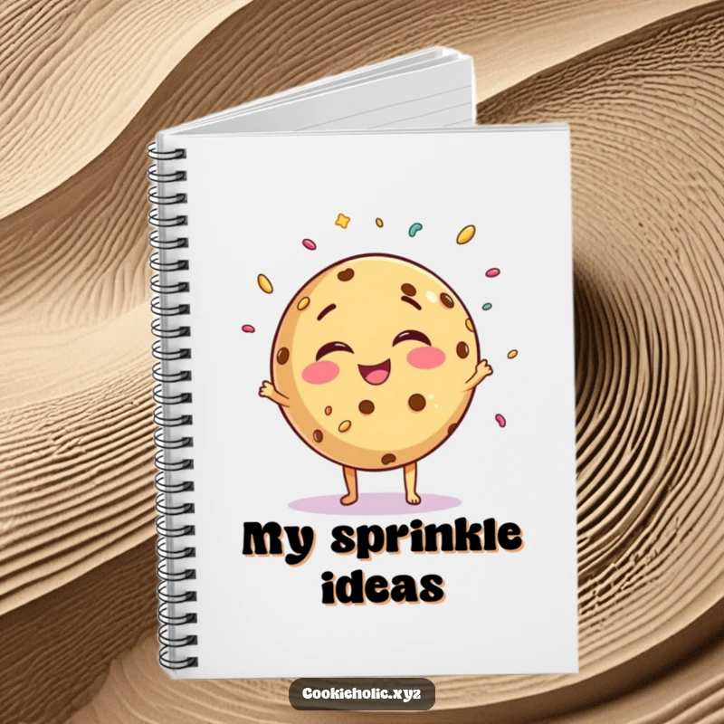Funny giggling cookie notebook with lined pages, featuring a round cookie character juggling sprinkles with joy.