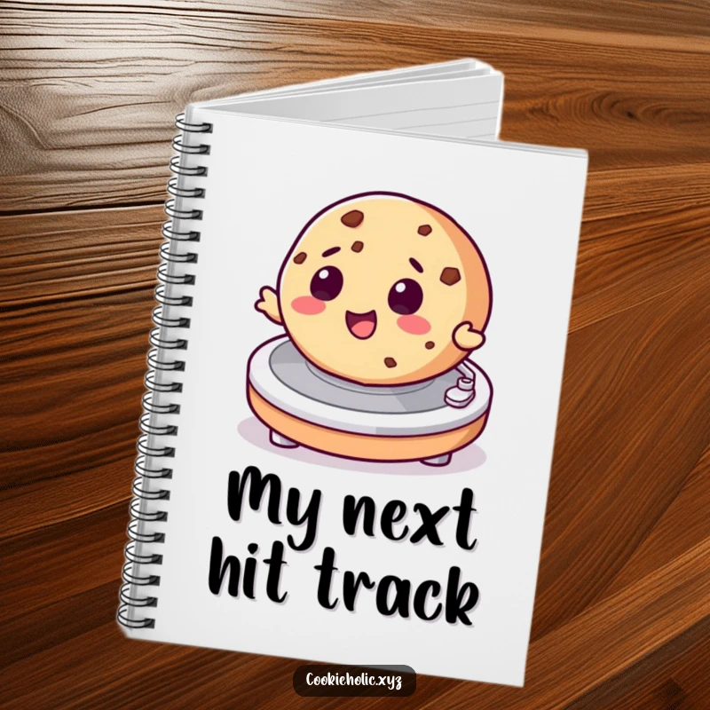 Funny notebook featuring a cookie character spinning on a turntable, a humorous and inspiring companion for notes.