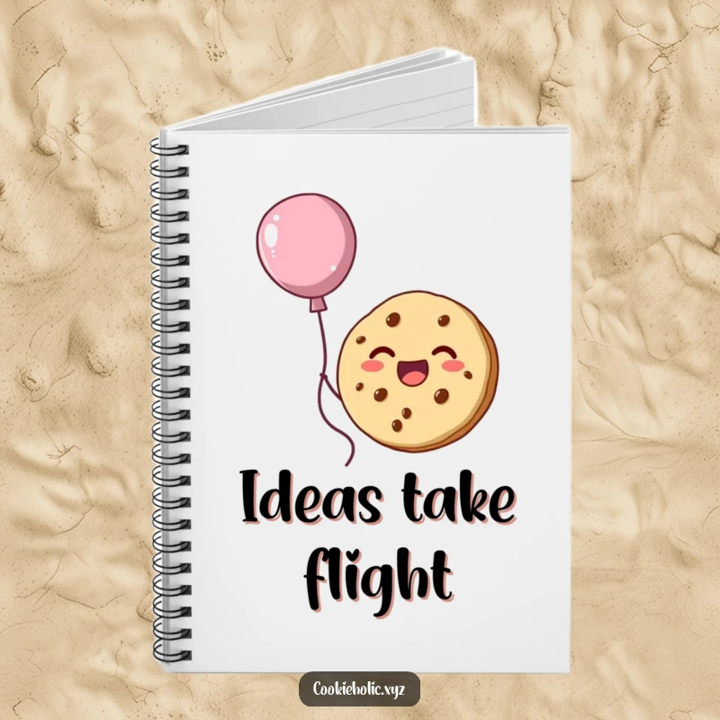 Funny notebook cover showing a delighted cookie character floating upwards, attached to a creative balloon made of frosting.