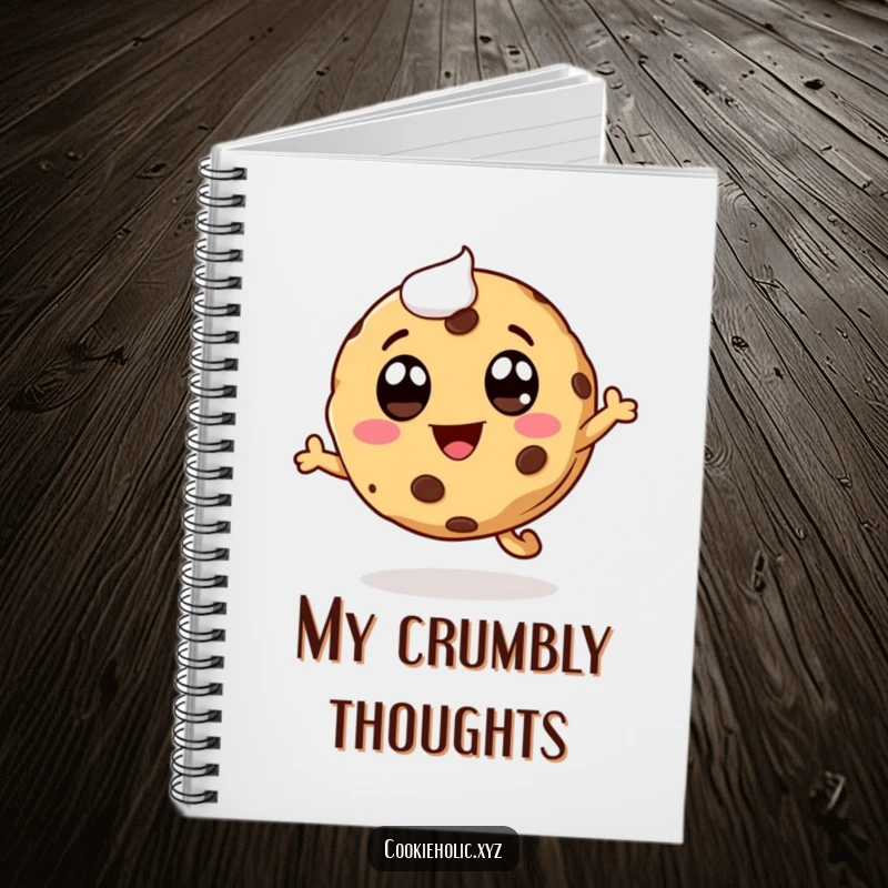 Funny whimsical cookie notebook with lined pages, featuring a cookie character leaping with icing eyes and a smiling mouth.
