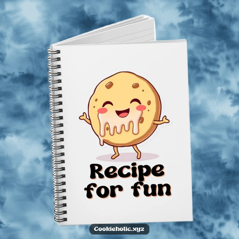 Funny notebook cover with a smiling cookie character with dripping frosting, dancing joyfully, perfect for jotting down sweet ideas.