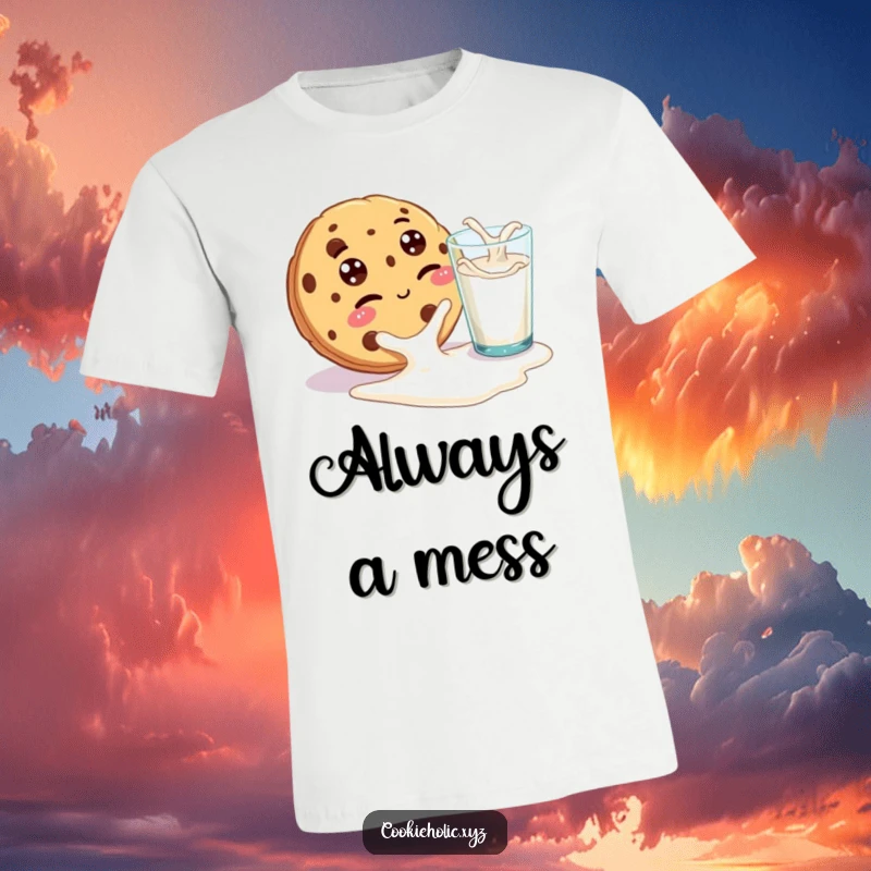 Funny t-shirt graphic of a cookie with googly eyes winking playfully at a spilled glass of milk, capturing a moment of cheeky fun.