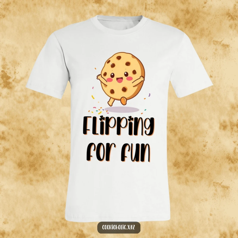 Funny t-shirt showcasing a happy cookie character doing a dynamic cartwheel and playfully scattering rainbow sprinkles everywhere.