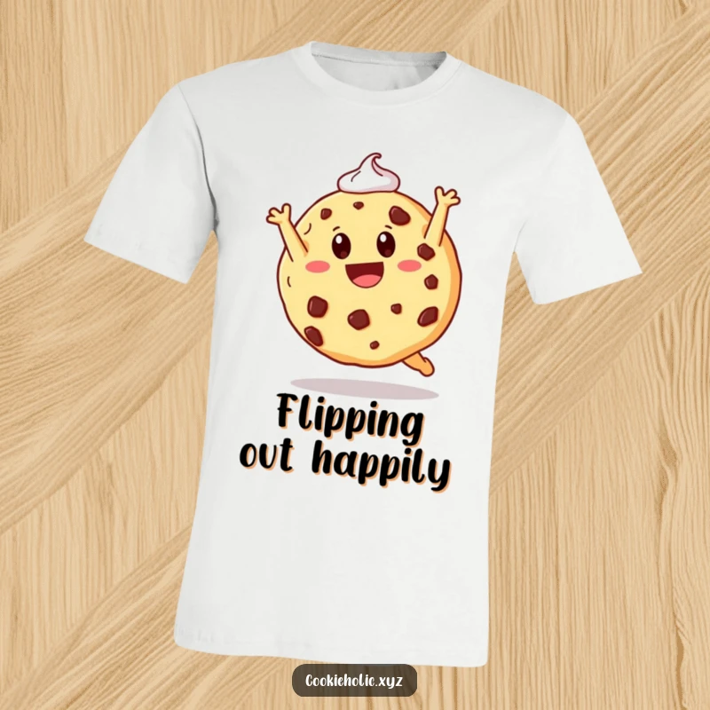 Funny t-shirt showing a happy cookie doing a somersault with frosting trailing, perfect for playful spirits.