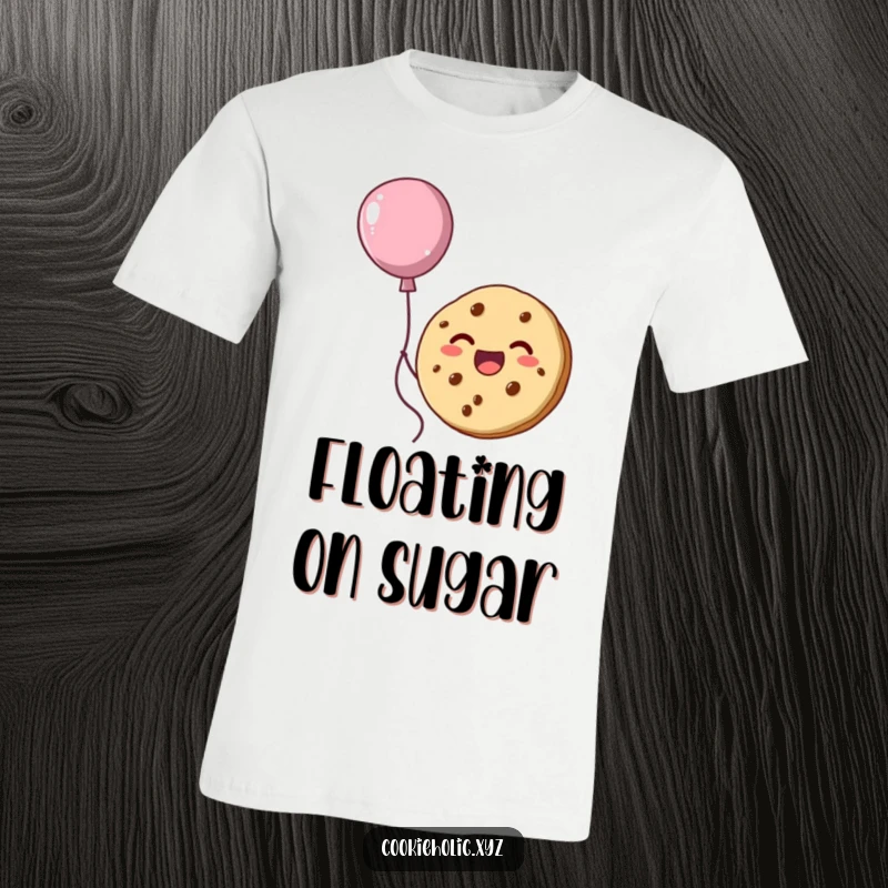 Funny t-shirt featuring a happy cookie character floating upwards, attached to a creative balloon made of sweet frosting.