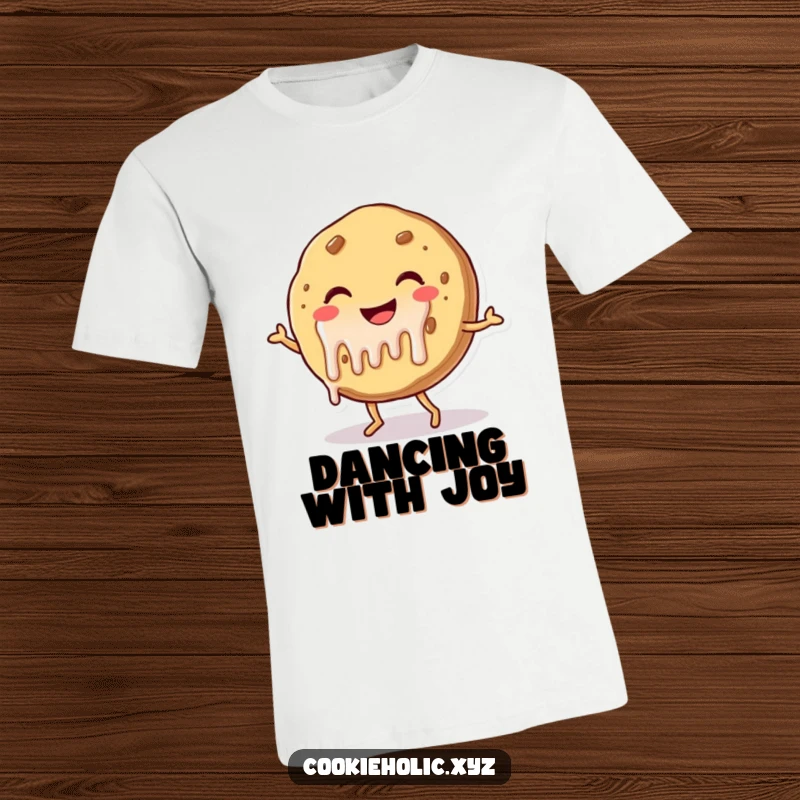Funny t-shirt graphic of a smiling cookie with dripping frosting gleefully dancing, embodying pure, sweet happiness.
